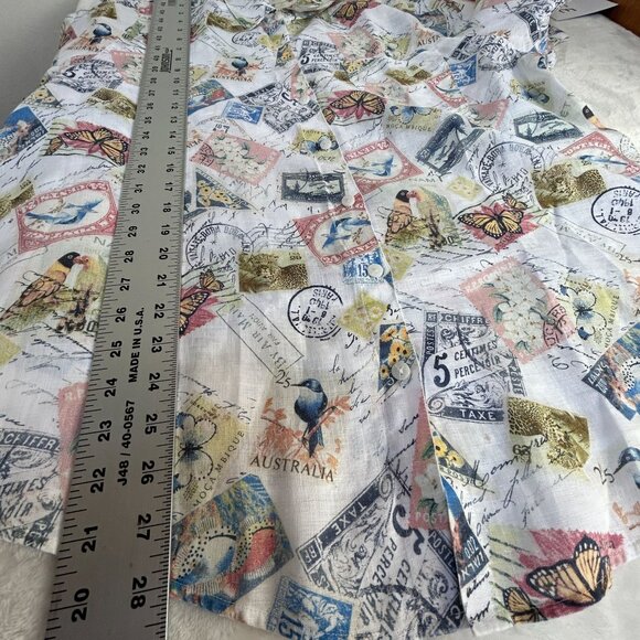 Chico's Womens No-Iron Linen Postal Print 3/4 Sleeve Button-Down Shirt Size 3 - Picture 7 of 7